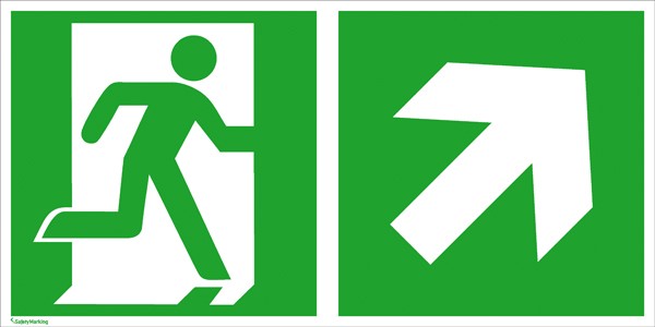 Fluchtwegschild Notausgang rechts mit Zusatzzeichen: Richtungsangabe rechts aufwärts