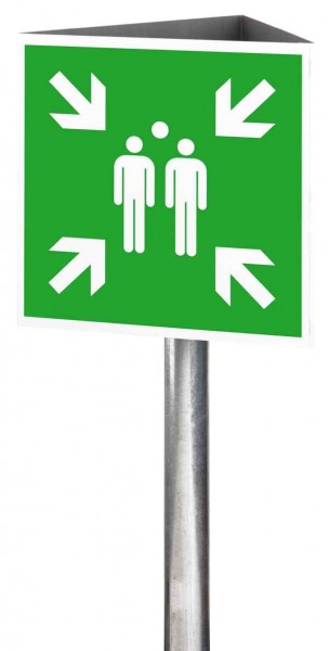Fluchtwegschild-Dreieckskonstruktion Sammelstelle, Beschriftung 3-seitig, retroreflektierend