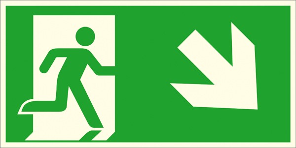 Fluchtwegschild Notausgang rechts, schräg abwärts (Kombischild)
