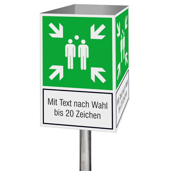 Fluchtwegschild-Würfel Symbol: Sammelstelle und Text nach Wahl