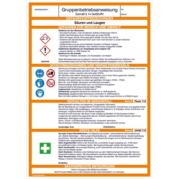 Gruppenbetriebsanweisung Säuren und Laugen