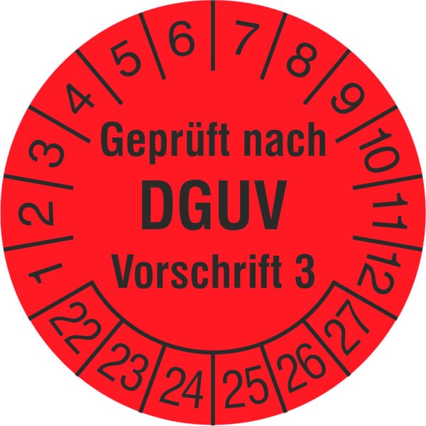 Prüfplakette Geprüft nach DGUV Vorschrift 3 in Jahresfarbe (Rolle mit 1000 Stück)