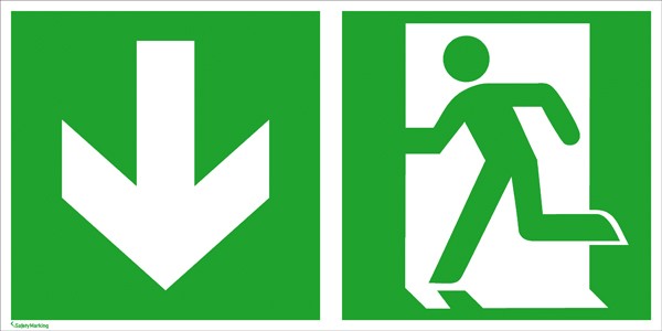Fluchtwegschild Notausgang links mit Zusatzzeichen: Richtungsangabe abwärts