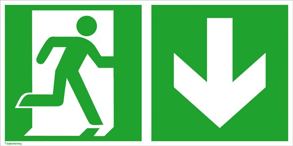 Fluchtwegschild Notausgang rechts mit Zusatzzeichen: Richtungsangabe abwärts