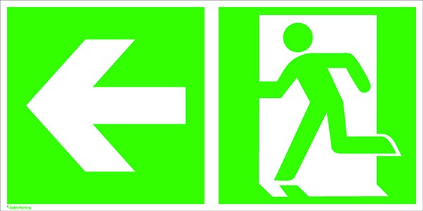 Fluchtwegschild Notausgang links mit Zusatzzeichen: Richtungsangabe links