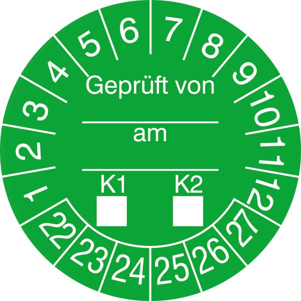 Prüfplakette Geprüft von ... am ... K1 K2