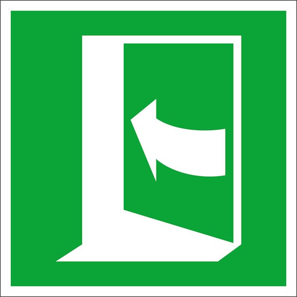 Fluchtwegschild Tür öffnet durch Drücken auf der linken Seite