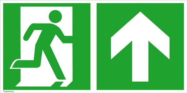 Fluchtwegschild Notausgang rechts mit Zusatzzeichen: Richtungsangabe aufwärts bzw. geradeaus